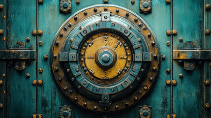 Fototapeta premium Blue and yellow metal object with a circular shape. The object is made of metal and has a lot of bolts and screws. The object has a vintage look to it and he is an old piece of machinery