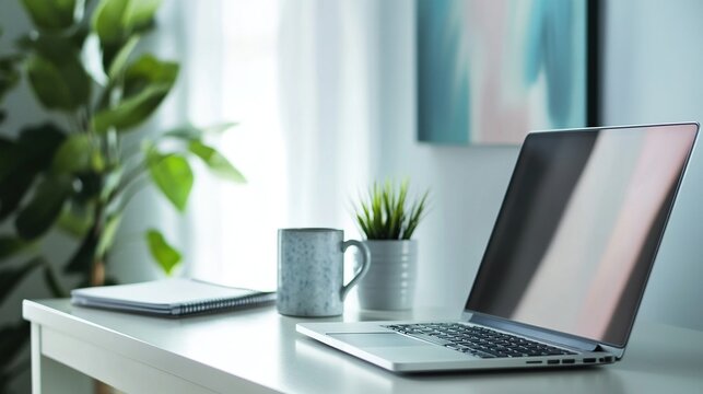 Fototapeta Minimalist modern home office workspace with laptop, and ceramic cup on white wooden desk with soft natural sunlight for remote work study concept. Minimalist Scandinavian style interior design.
