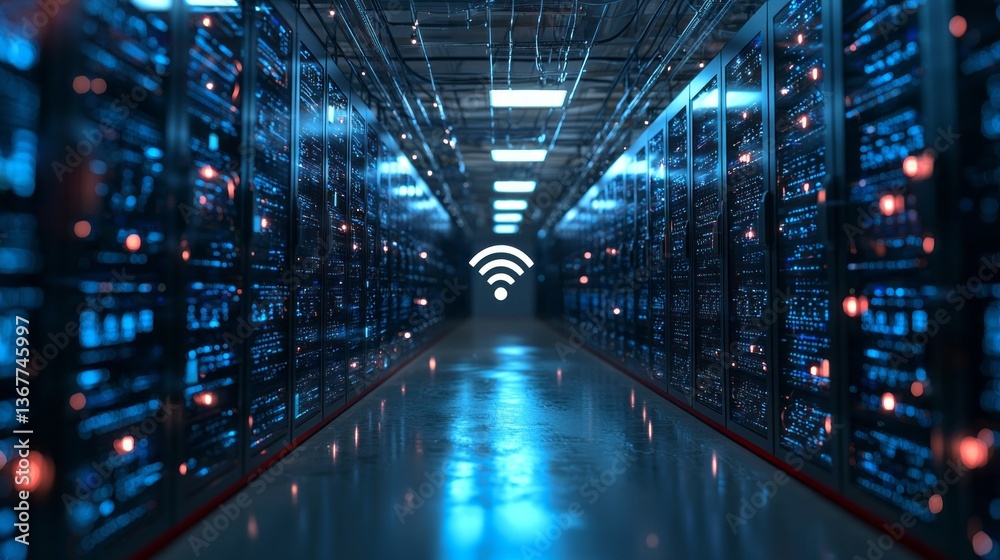 Fototapete Innovative architecture illuminates a sleek corridor in a futuristic data centre. Bright blue lights from server racks create a dynamic atmosphere. Wireless signals signify seamless connectivity