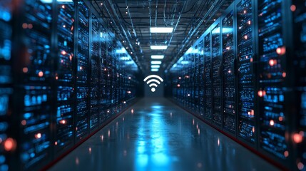 Innovative architecture illuminates a sleek corridor in a futuristic data centre. Bright blue lights from server racks create a dynamic atmosphere. Wireless signals signify seamless connectivity