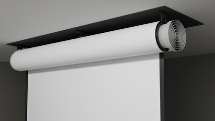 A modern retractable projector screen mounted in a gray room.