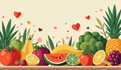 illustration of fresh fruits and vegetables arranged on a table.eps