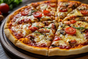 Close-up of a delicious homemade pizza with tomato slices, mushrooms, mozzarella cheese, and fresh basil on a wooden board.