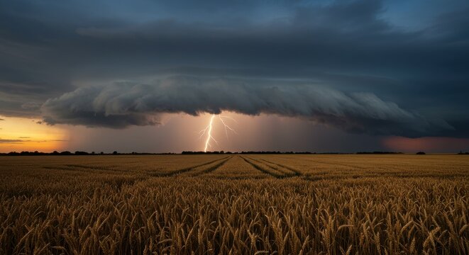 Dramatic thunderstorm over golden wheat field at sunset, showcasing nature's power