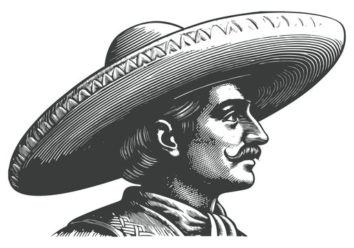 Black and white engraving-style illustration of a traditional Mexican charro in a sombrero with fine details and vintage aesthetic

