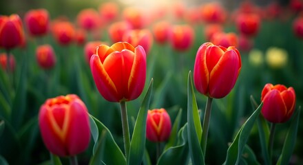 夕日輝く赤とオレンジのチューリップ畑 鮮やか