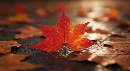 Vibrant red maple leaf resting on wet pavement with droplets, autumn scene