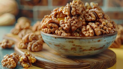 Obraz premium Bowl and wooden board of sweet walnut shaped cookies with boiled condensed milk on yellow background 
