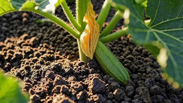 Timelapse of zucchini growth: sunlit garden soil and plant development