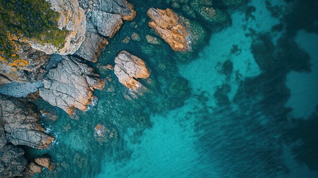 Aerial View of Rocky Coast and Clear Blue Water