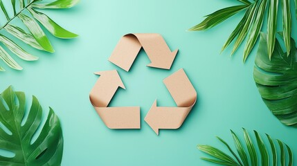 A green background features a cardboard recycling symbol surrounded by vibrant tropical leaves, promoting eco-friendliness and sustainability, Green Technology.