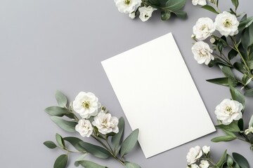 White flowers and blank card creating elegant invitation mockup on gray background