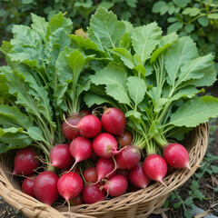 Fresh greens and radishes in a basket outdoors