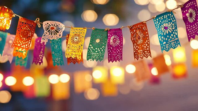 Vibrant Paper Decorations and Warm Lights Adorn Festive Scene