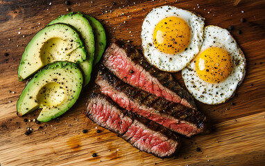 Sliced Steak, Fried Eggs, and Avocado on Wooden Cutting Board