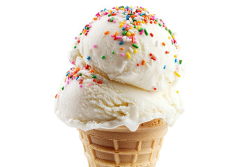 A delightful scoop of vanilla ice cream topped with colorful sprinkles in a cone isolated on transparent background