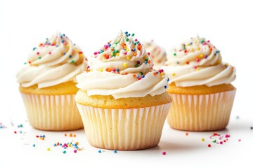 Delightful homemade vanilla cupcakes topped with fluffy frosting and colorful sprinkles isolated on transparent background