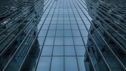 Fototapeta premium Looking up at a tall glass skyscraper reflecting the city's sky.
