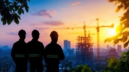 Three silhouetted workers observe a construction site at sunset, with cranes and buildings in the background, highlighting the theme of labor and urban development, Green Technology.