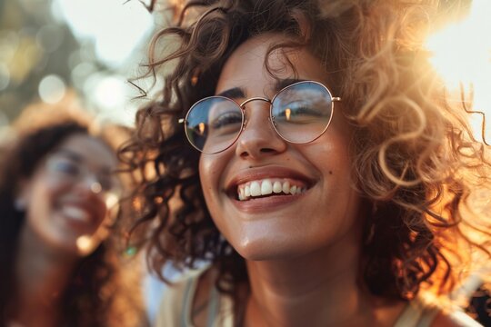 Young woman with curly hair and glasses happily enjoying a music festival with her friends