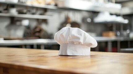 A close-up shot of a pristine white chef hat resting on a wooden kitchen counter, symbolizing the cleanliness and professionalism associated with culinary environments.