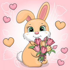 Cute cartoon bunny with a bouquet of tulips. Vector illustration of an animal on a pink background with hearts.