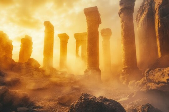 desert temple ruins at golden hour ancient stone columns wrapped in luminous ethereal mist mystical fantasy atmosphere