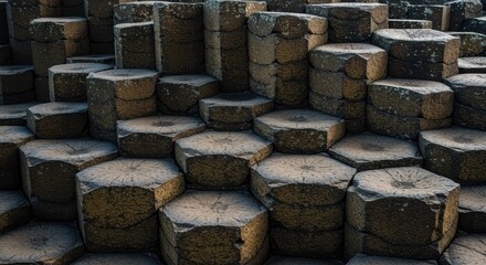 Hexagonal stone formations create a natural landscape, showcasing geological patterns