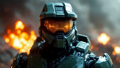 Master Chief Halo Infinite Soldier in Battle Fiery Background