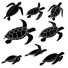 silhouette Set of sea turtles silhouettes isolated on white background. Vector illustration.