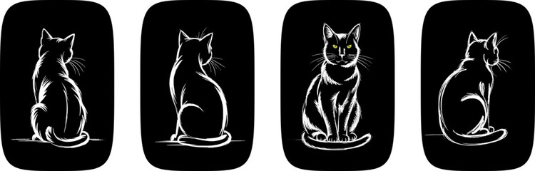 Hand-Drawn Black Cat Vector Set on Dark Background – Elegant Feline Illustration for Art, Design, and Decor