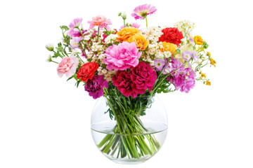 A vibrant bouquet of assorted flowers in a clear glass vase, brightening a sunny day isolated on transparent background