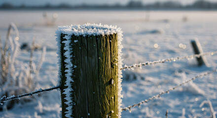 Frost Encrusted Fence Post Captures the Winter's Beauty in Rural Setting