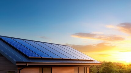 Obraz premium A modern house features solar panels on the roof, set against a vibrant sunset sky, promoting sustainable energy and eco-friendly living, Green Technology.
