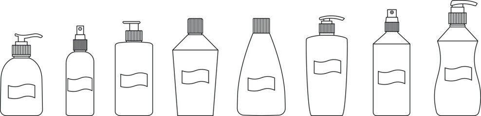 Cosmetic packaging mockup icon set. Silhouettes cosmetic products template black flat and line vector collection isolated on transparent background. Symbol for beauty product sign web and app.