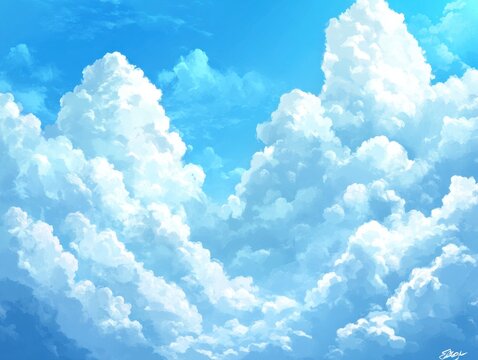 Vast expanse of cumulus clouds against a vibrant blue sky, soft sunlight illuminating their fluffy forms, creating a serene and et