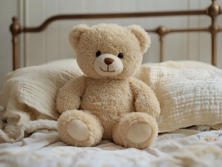 Fototapeta premium Plush teddy bear on a bed creates a cozy atmosphere in a peaceful bedroom setting