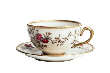 Obraz premium Elegant porcelain tea cup with floral design on white background for refined tea experiences isolated on transparent background