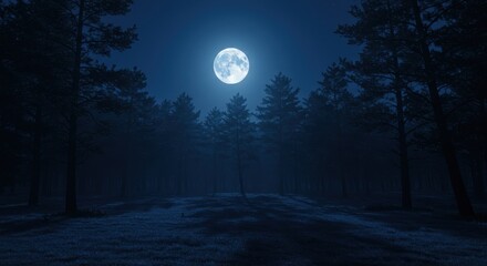 Naklejka premium Serene Moonlit Forest at Night with Tall Trees and Soft Shadows