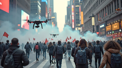 Urban protest scattered by police drones releasing tear gas in chaotic city street