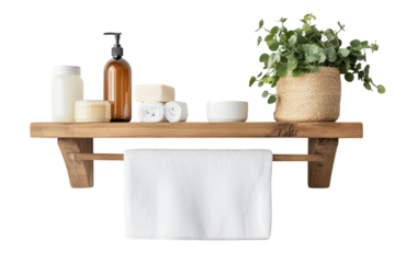 A cozy bathroom shelf adorned with towels, skincare products, and greenery enhances tranquility isolated on transparent background
