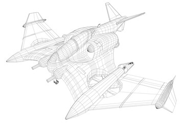 A black and white drawing of a futuristic fighter jet. The jet is shown in a cross section, with its wings and tail visible. The design of the jet is sleek and aerodynamic, with a pointed nose