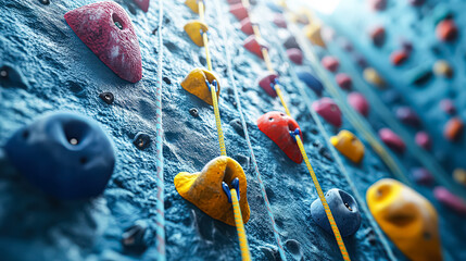 Blue wall with a yellow rope and a bunch of rocks. The rope is attached to the wall and the rocks are hanging from it. Concept of adventure and excitement, as it is a rock climbing wall