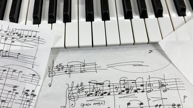 Creative process of making music by musician composer producer in studio. Sheets with sketches of musical scores lie on piano keys. Music concept for music visualizer, music video, piano lessons
