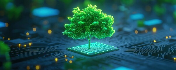 A vibrant green tree grows from a circuit board, symbolizing the fusion of nature and technology in a digital landscape, Green Technology.