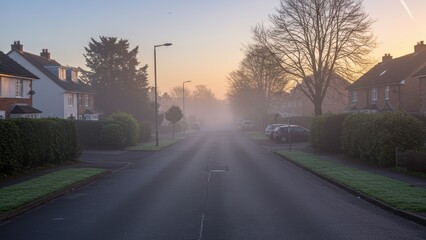 Fototapeta premium Foggy street with houses, cars, and trees at dawn.