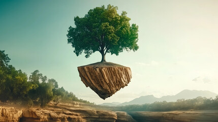 Majestic tree floats above rocky landscape at sunrise, blending nature with surrealism