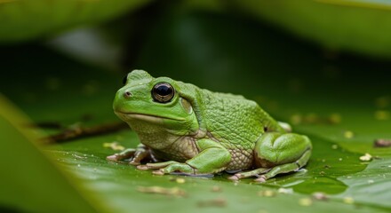 Naklejka premium Close-up of a green frog resting on a large leaf in a lush, natural setting