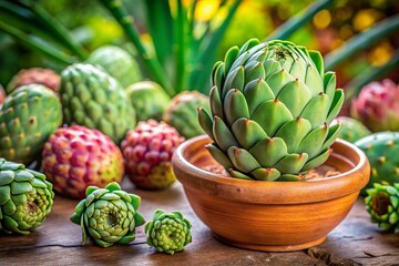 Macro Photography: Desert Cactus, Artichokes, & Lush Greenery in Pot