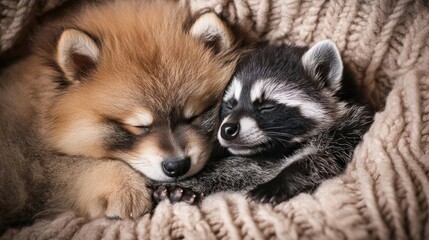 Fluffy puppy sleeping with raccoon.